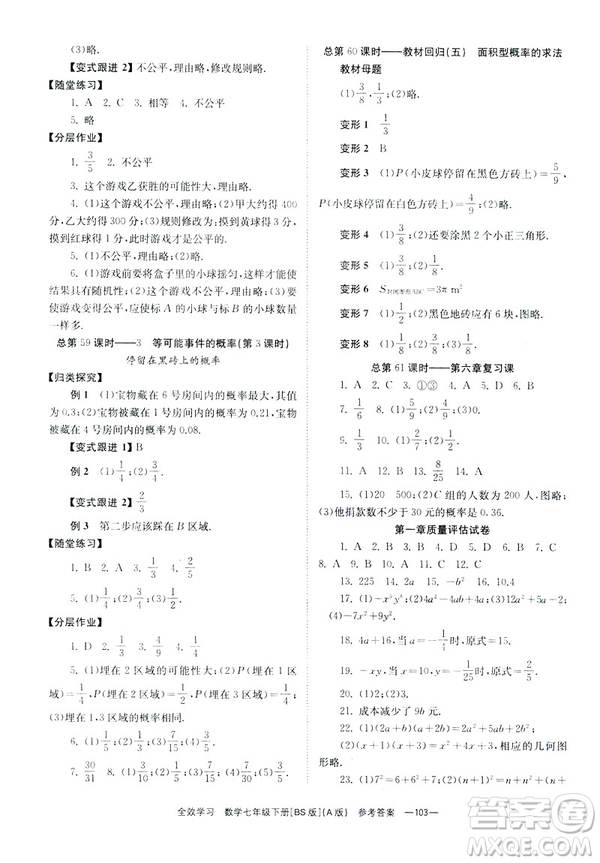 2019版全效學(xué)習(xí)學(xué)業(yè)評價方案數(shù)學(xué)七年級下冊A冊BS北師大版答案