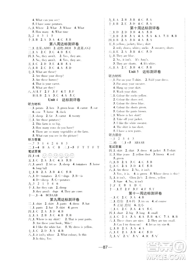 文濤書(shū)業(yè)優(yōu)加全能大考卷2019春人教版RJ 英語(yǔ)四年級(jí)下PEP版答案