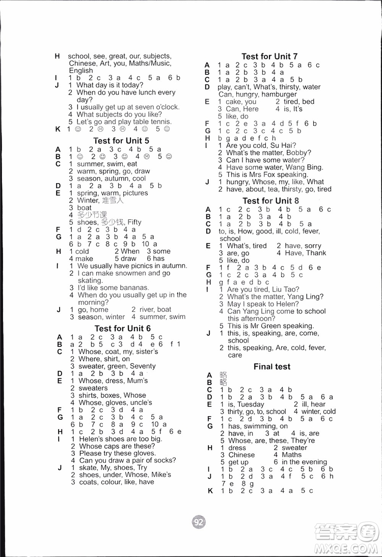 2019版小學(xué)英語(yǔ)課課練四年級(jí)下冊(cè)江蘇教版配譯林版參考答案