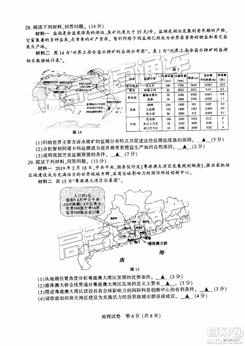 2019年江蘇七市二模地理試題及參考答案