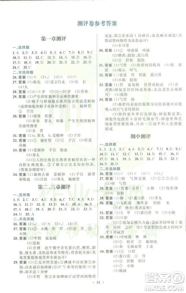 福建專版2019年人教版初中同步測控優(yōu)化設(shè)計(jì)七年級(jí)生物學(xué)下冊答案