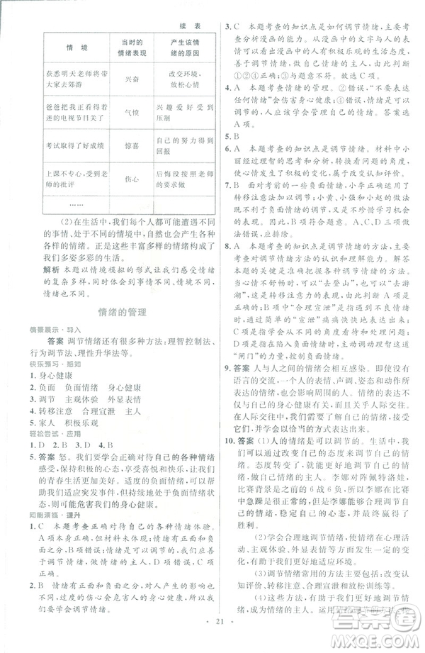 福建專版2019年七年級道德與法治下冊人教版初中同步測控優(yōu)化設(shè)計答案