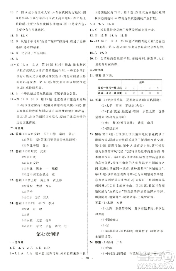 2019春初中同步測(cè)控優(yōu)化設(shè)計(jì)地理八年級(jí)下冊(cè)人教版福建專版參考答案