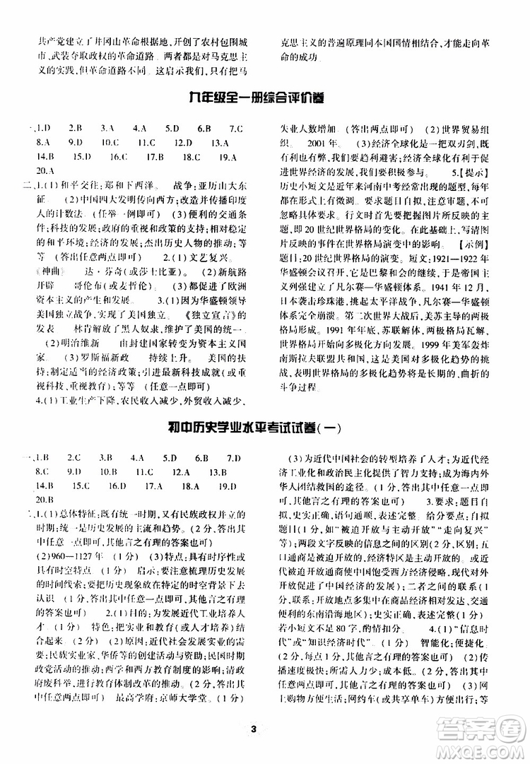 大象出版社2019年九年級歷史基礎(chǔ)訓(xùn)練人教版下冊參考答案