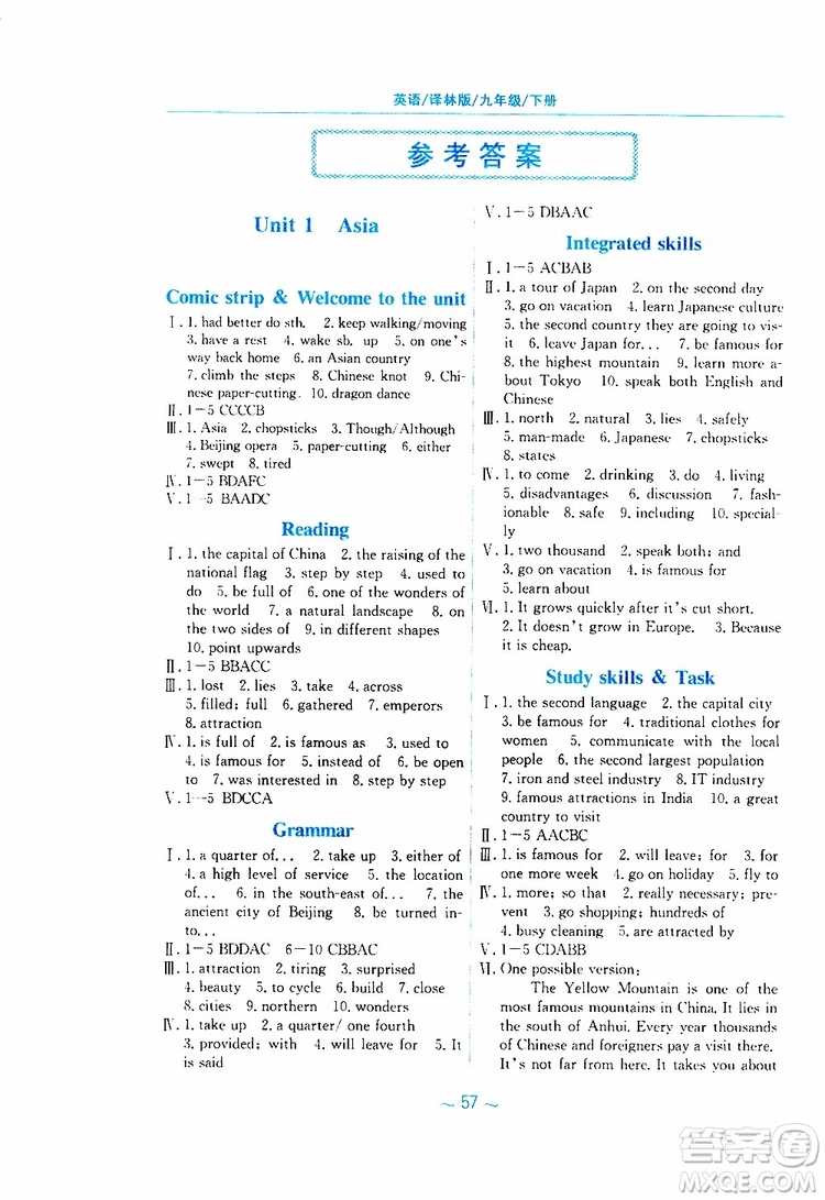 2019春安徽新編基礎(chǔ)訓練九年級下冊英語譯林版參考答案