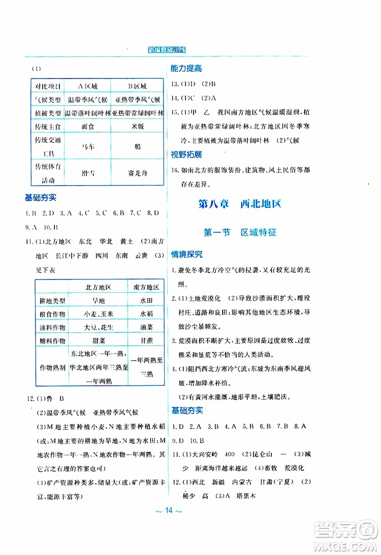 2019春新編基礎(chǔ)訓(xùn)練八年級下冊地理商務(wù)星球版參考答案