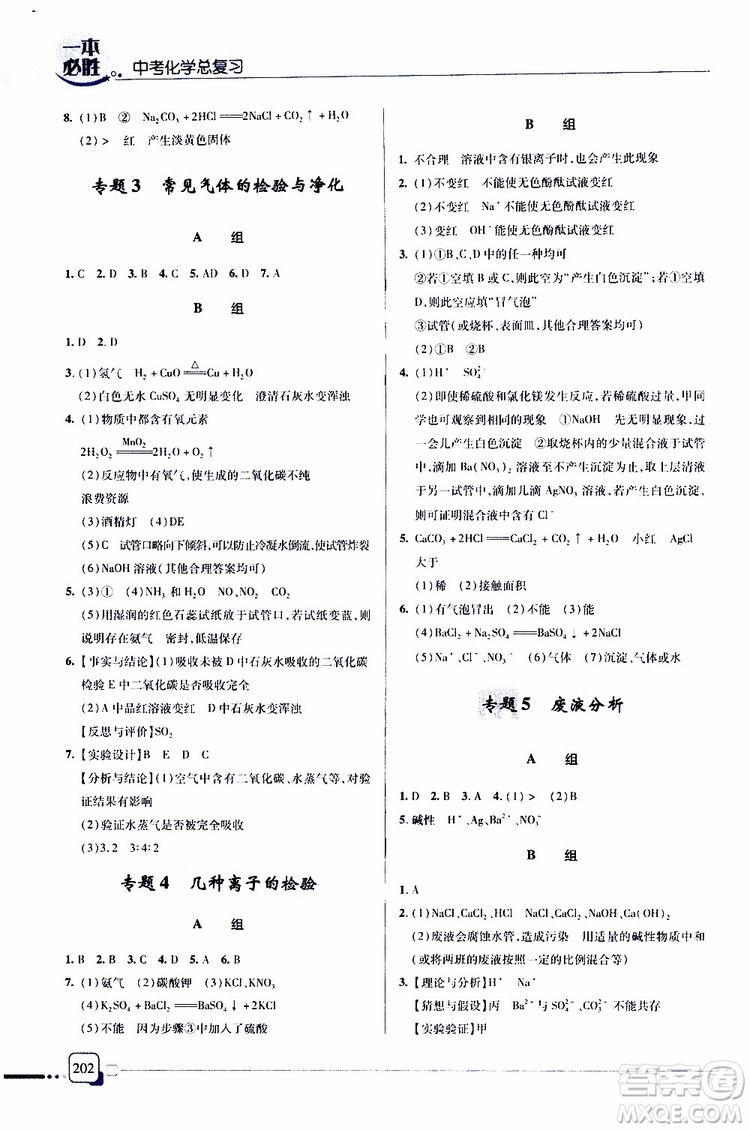 2019新版一本必勝中考化學(xué)金版青島專版參考答案