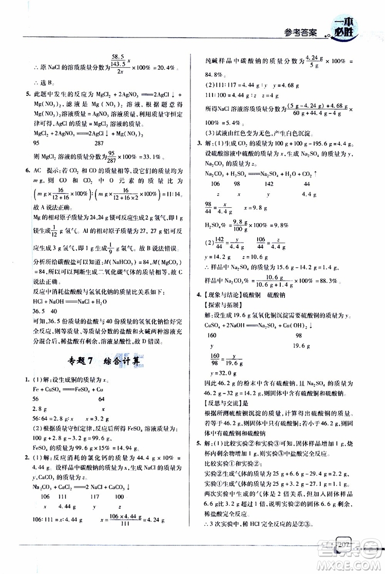 2019新版一本必勝中考化學(xué)金版青島專版參考答案