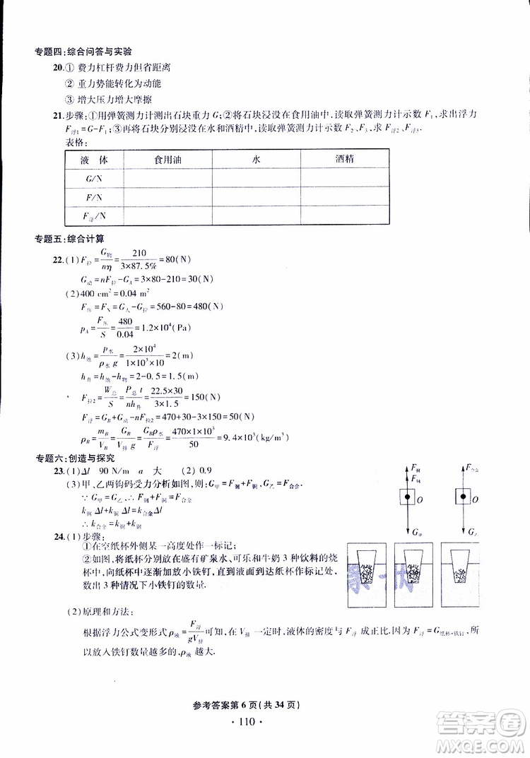 2019年一本必勝中考物理模擬試題參考答案