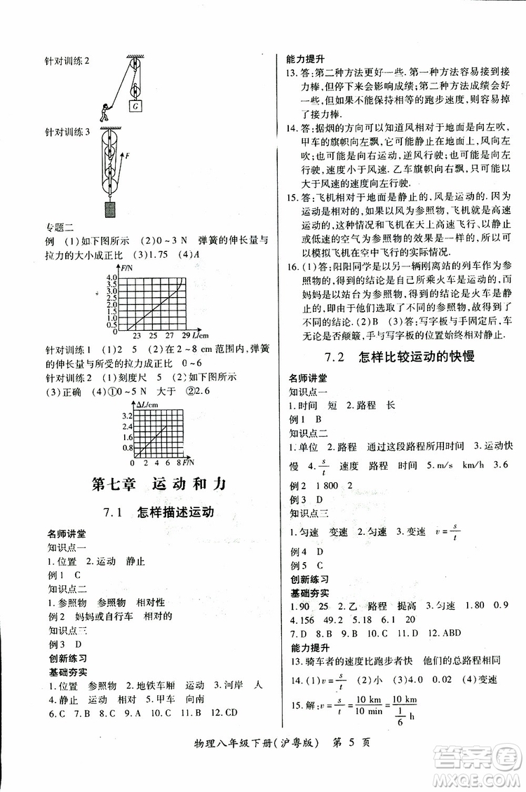 2019年一課一練創(chuàng)新練習(xí)八年級(jí)下冊(cè)物理滬粵版參考答案