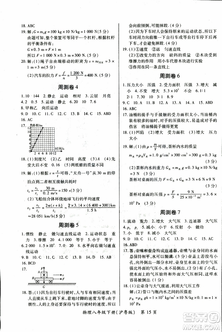 2019年一課一練創(chuàng)新練習(xí)八年級(jí)下冊(cè)物理滬粵版參考答案