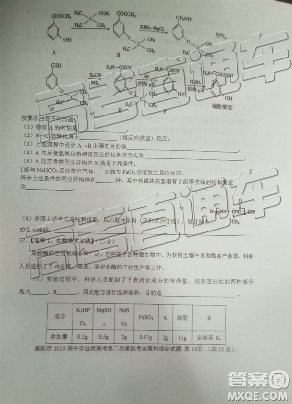 2019年揭陽二模理綜試題及參考答案