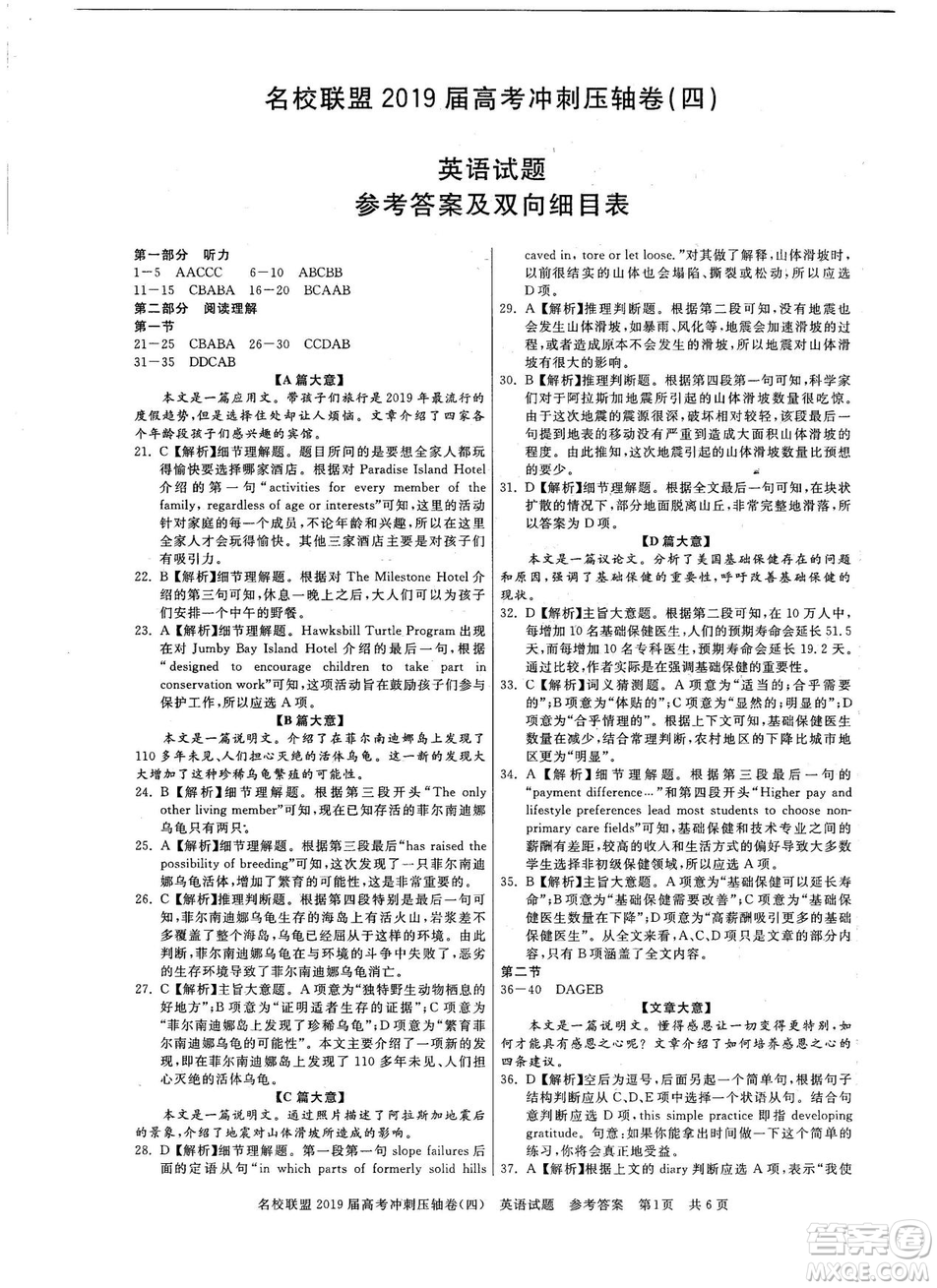 2019年河南名校聯(lián)盟高考沖刺壓軸卷四英語試題答案