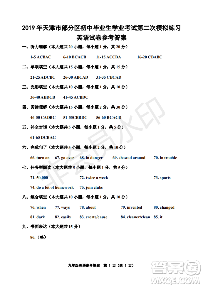 2019年天津五區(qū)縣初中畢業(yè)班學(xué)業(yè)考試二模英語(yǔ)試題及答案