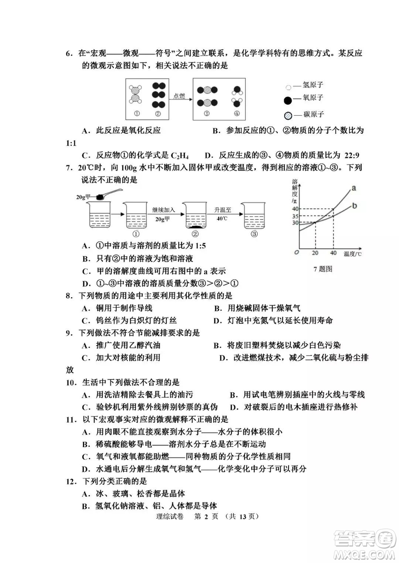 2019年唐山路南初三二模理綜試卷及答案