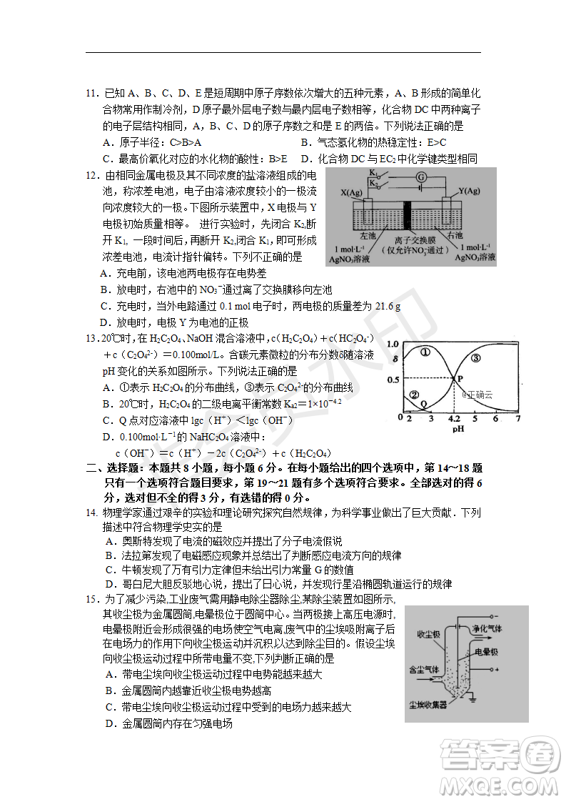 2019年湖北省高三招生全國統(tǒng)一考試模擬試題卷一理綜答案