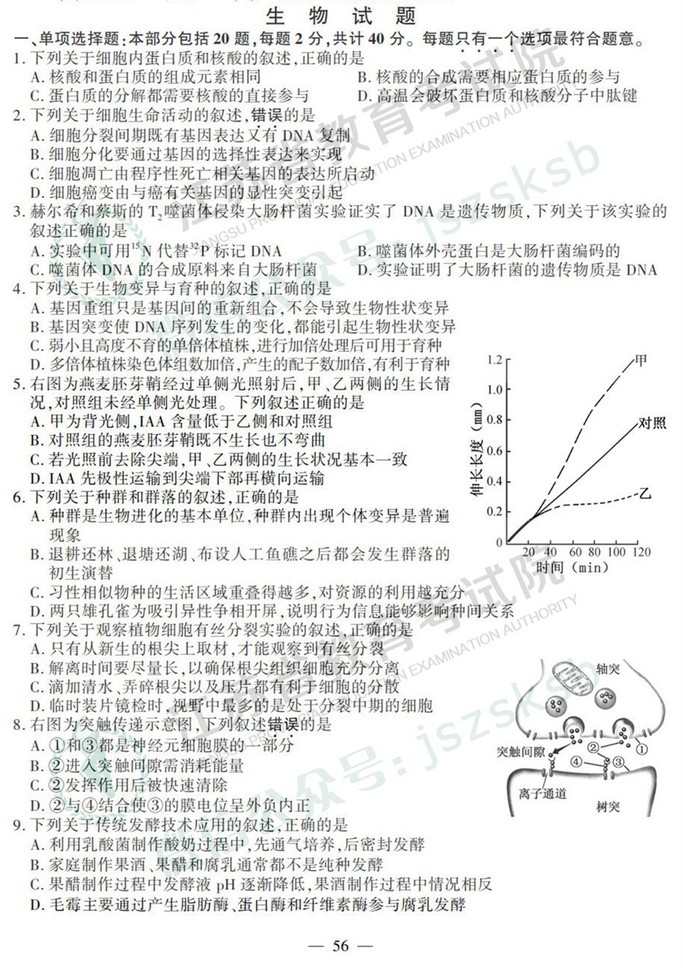 2019年高考江蘇卷生物試題及答案