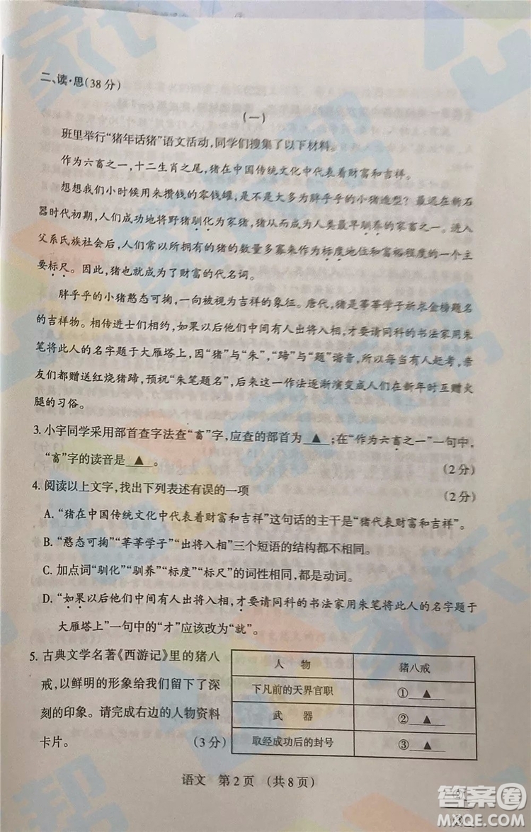 山西省2019年中考考前適應(yīng)性測試語文試卷及答案