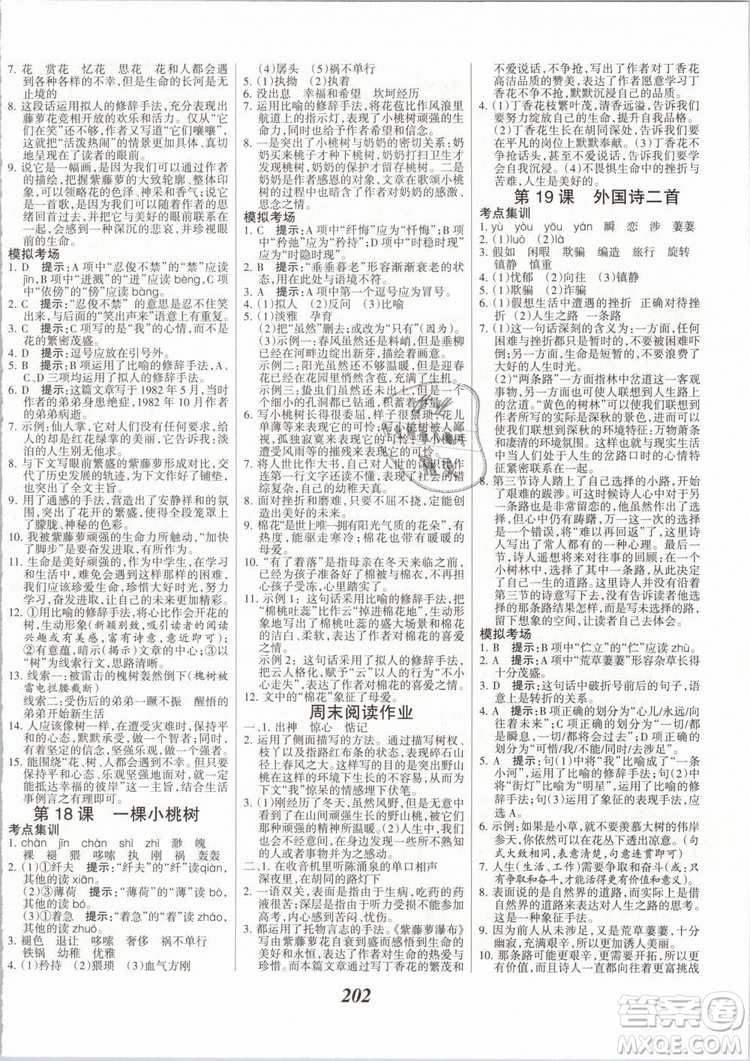 2019年全優(yōu)課堂考點(diǎn)集訓(xùn)與滿分備考七年級語文下冊人教版答案