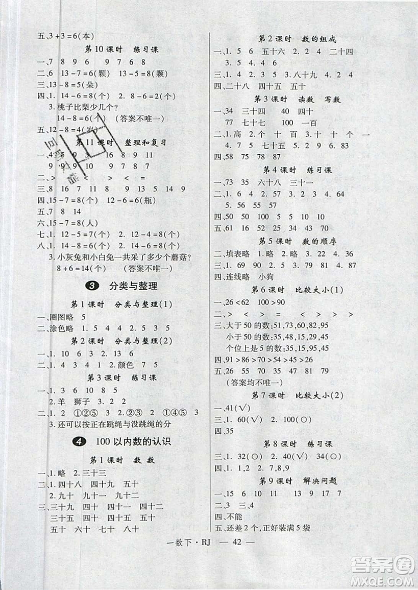 2019優(yōu)翼叢書學(xué)練優(yōu)小學(xué)數(shù)學(xué)一年級(jí)下RJ人教版參考答案