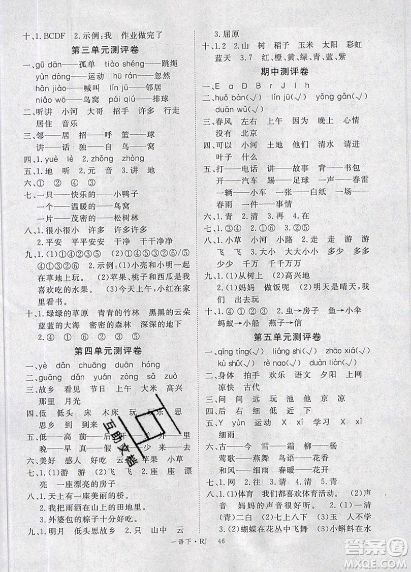 2019優(yōu)翼叢書學(xué)練優(yōu)小學(xué)語文一年級下RJ人教版參考答案