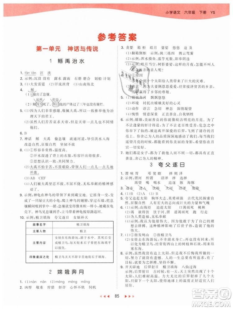 曲一線2019年53天天練小學(xué)語文六年級下冊YS語文S版參考答案