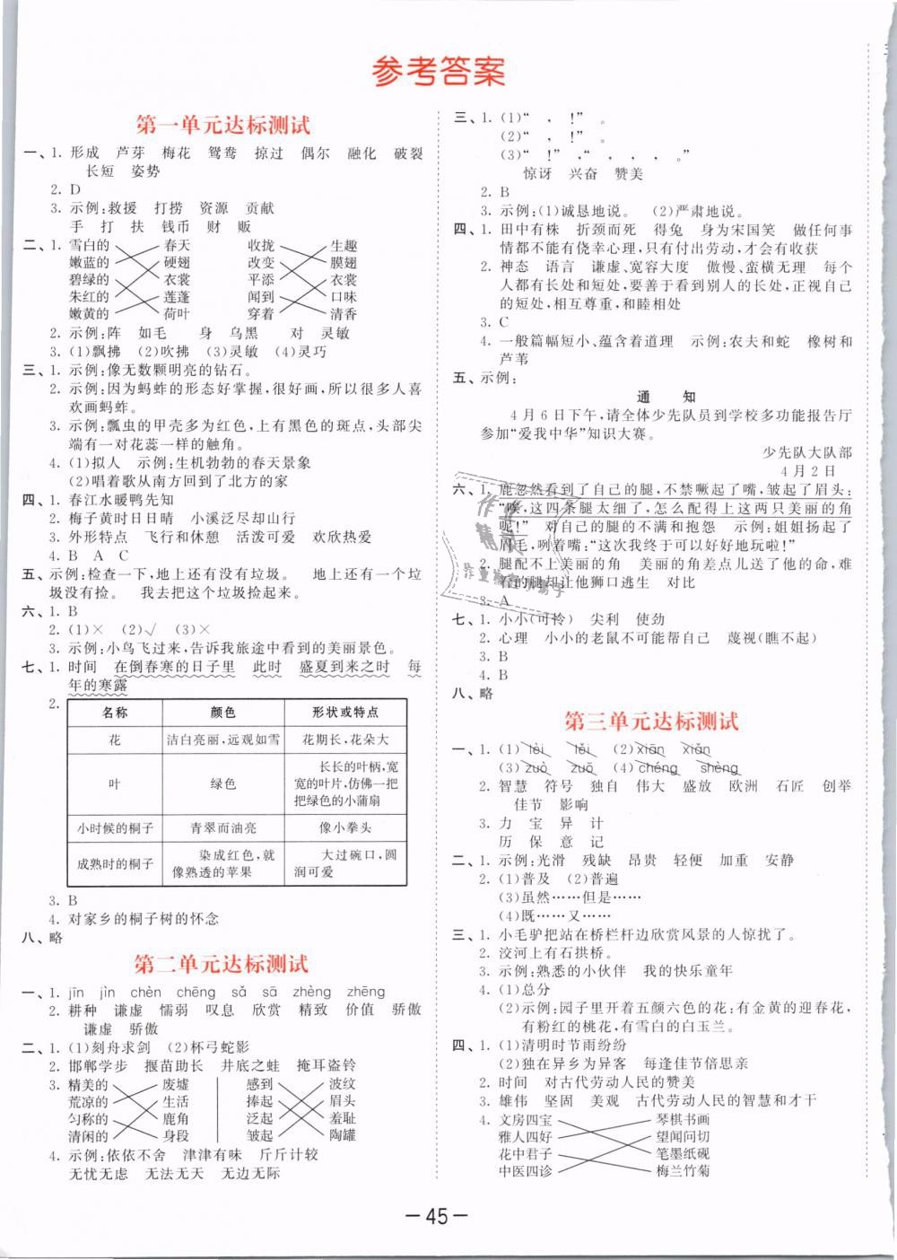 2019版曲一線53天天練三年級語文下冊人教版RJ參考答案