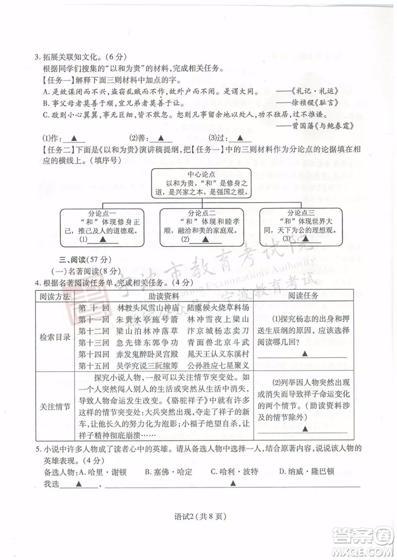 2019年寧波市中考語文試題及參考答案