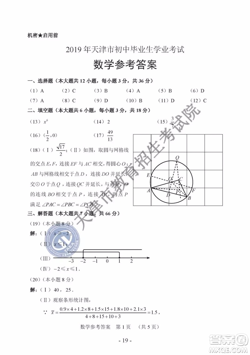 2019年天津市中考數(shù)學(xué)試題及參考答案