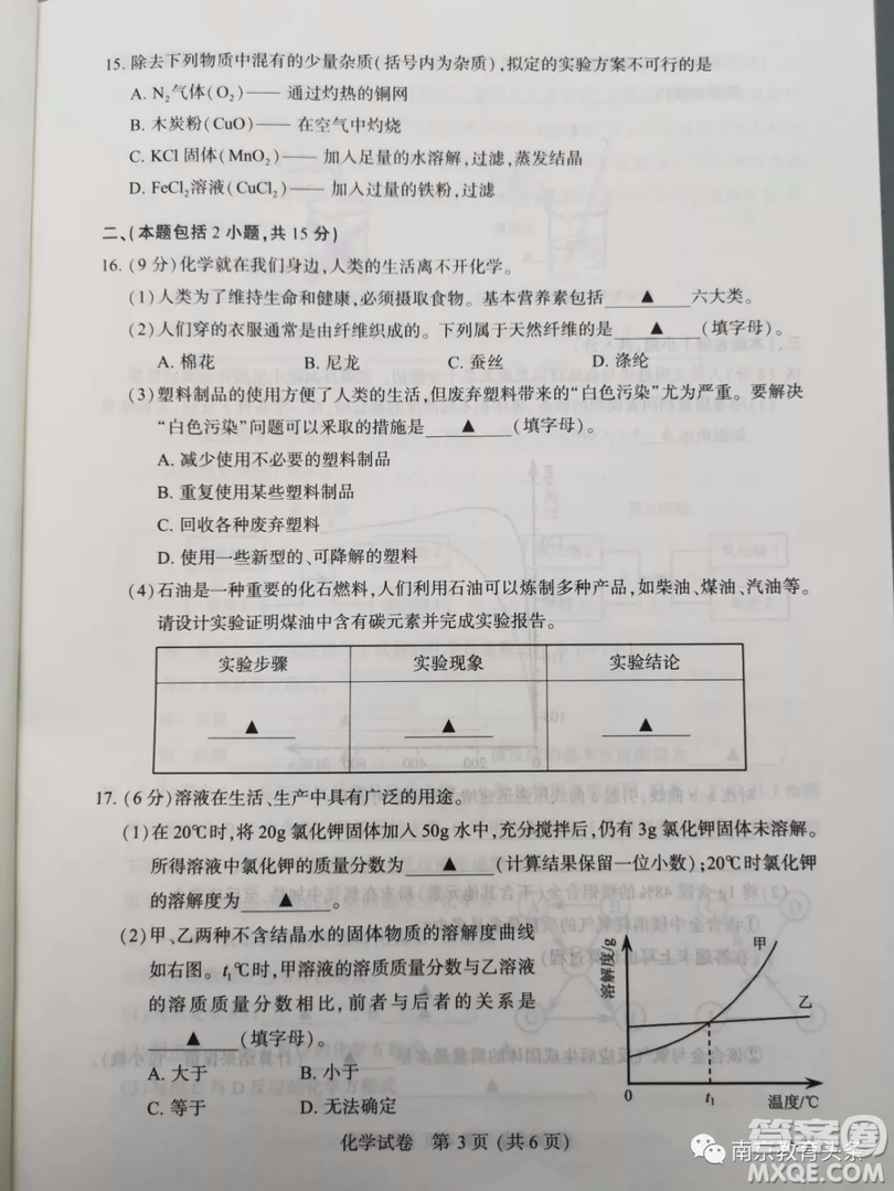 2019年南京市中考真題化學(xué)試題及答案