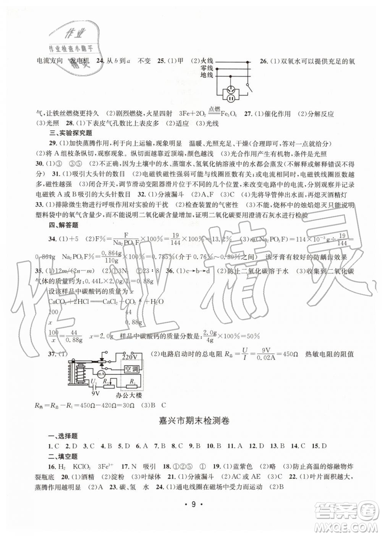 2019年名校期末復(fù)習(xí)寶典八年級科學(xué)下冊浙教版參考答案