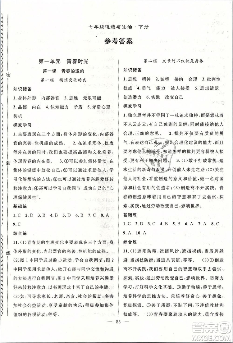 2019年萬羽文化名師學(xué)案七年級(jí)下冊(cè)道德與法治人教版參考答案