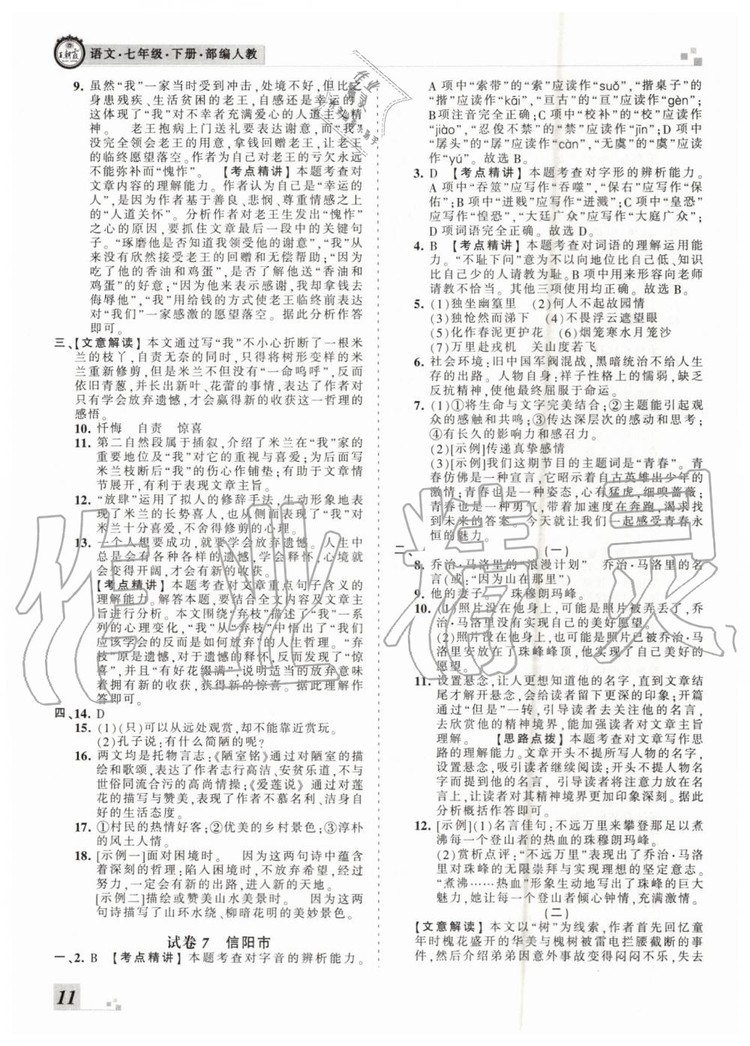 2019年王朝霞各地期末試卷精選七年級(jí)語(yǔ)文下冊(cè)人教版河南專版答案