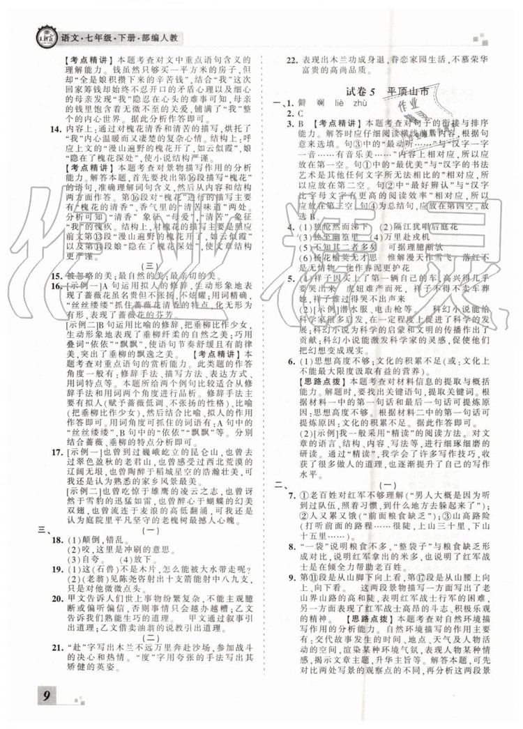 2019年王朝霞各地期末試卷精選七年級(jí)語(yǔ)文下冊(cè)人教版河南專版答案