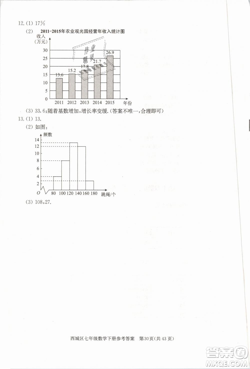 2019年北京西城學(xué)習(xí)探究診斷七年級數(shù)學(xué)下冊人教版參考答案