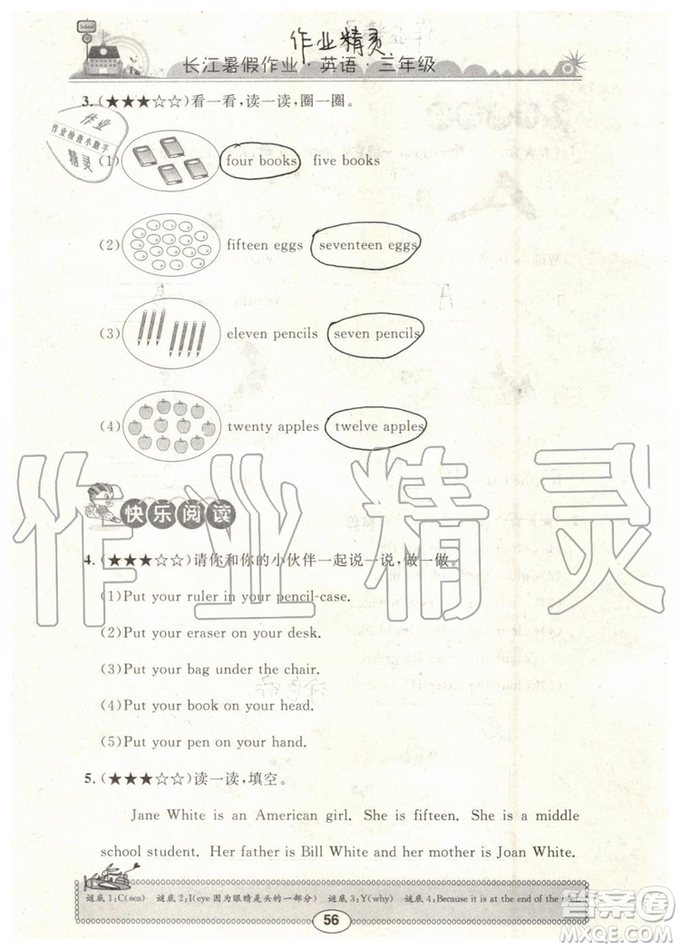 2019年長江暑假作業(yè)三年級英語參考答案