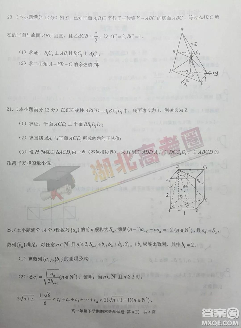 華中師大一附中2018-2019學(xué)年度下學(xué)期高一期末檢測數(shù)學(xué)試題及答案