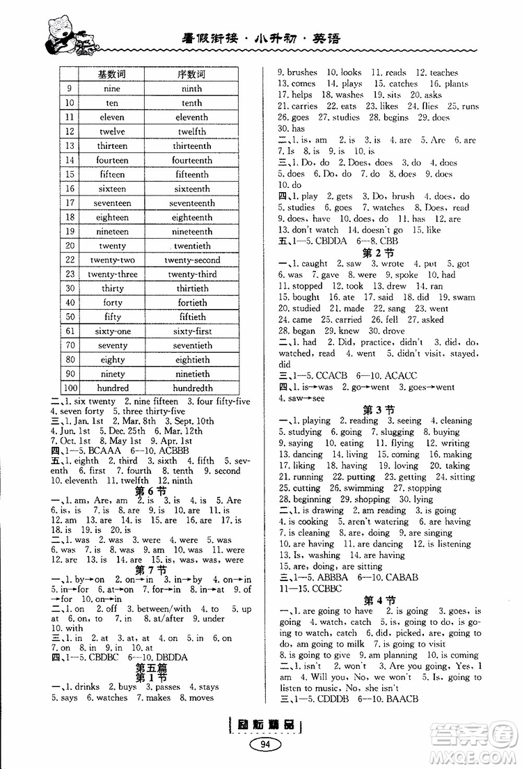 2019新版勵(lì)耘書業(yè)暑假銜接小升初英語(yǔ)參考答案