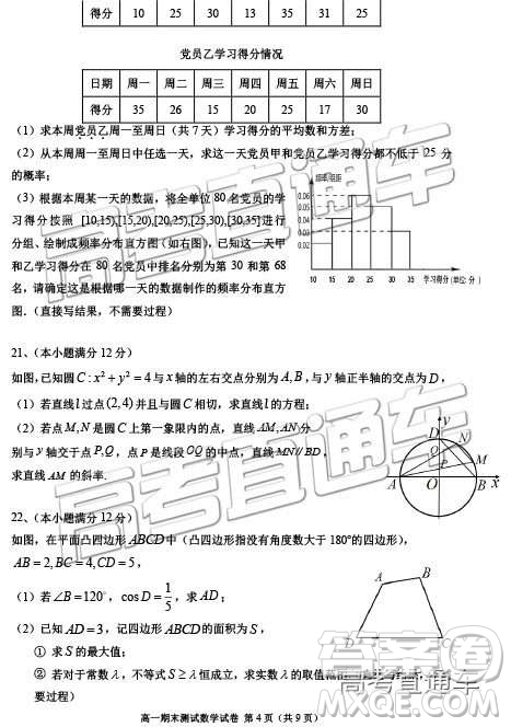 2019年江蘇揚(yáng)州高一期末檢測(cè)數(shù)學(xué)試題及參考答案