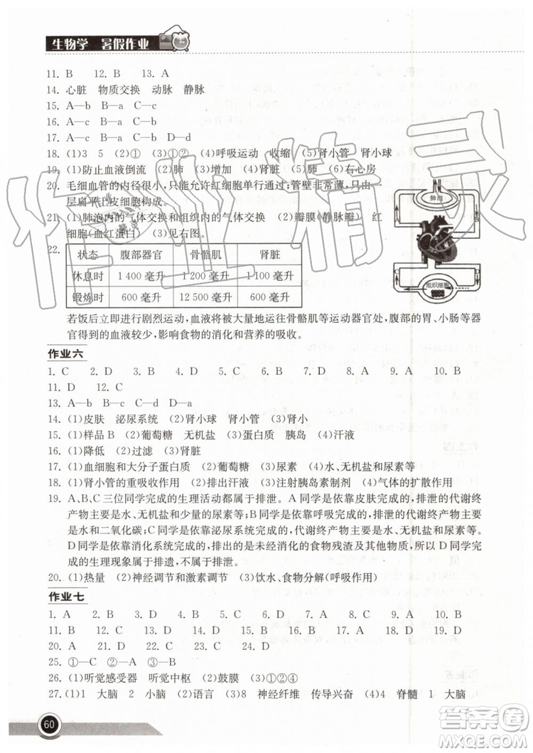 2019年長(zhǎng)江作業(yè)本暑假作業(yè)生物學(xué)七年級(jí)參考答案