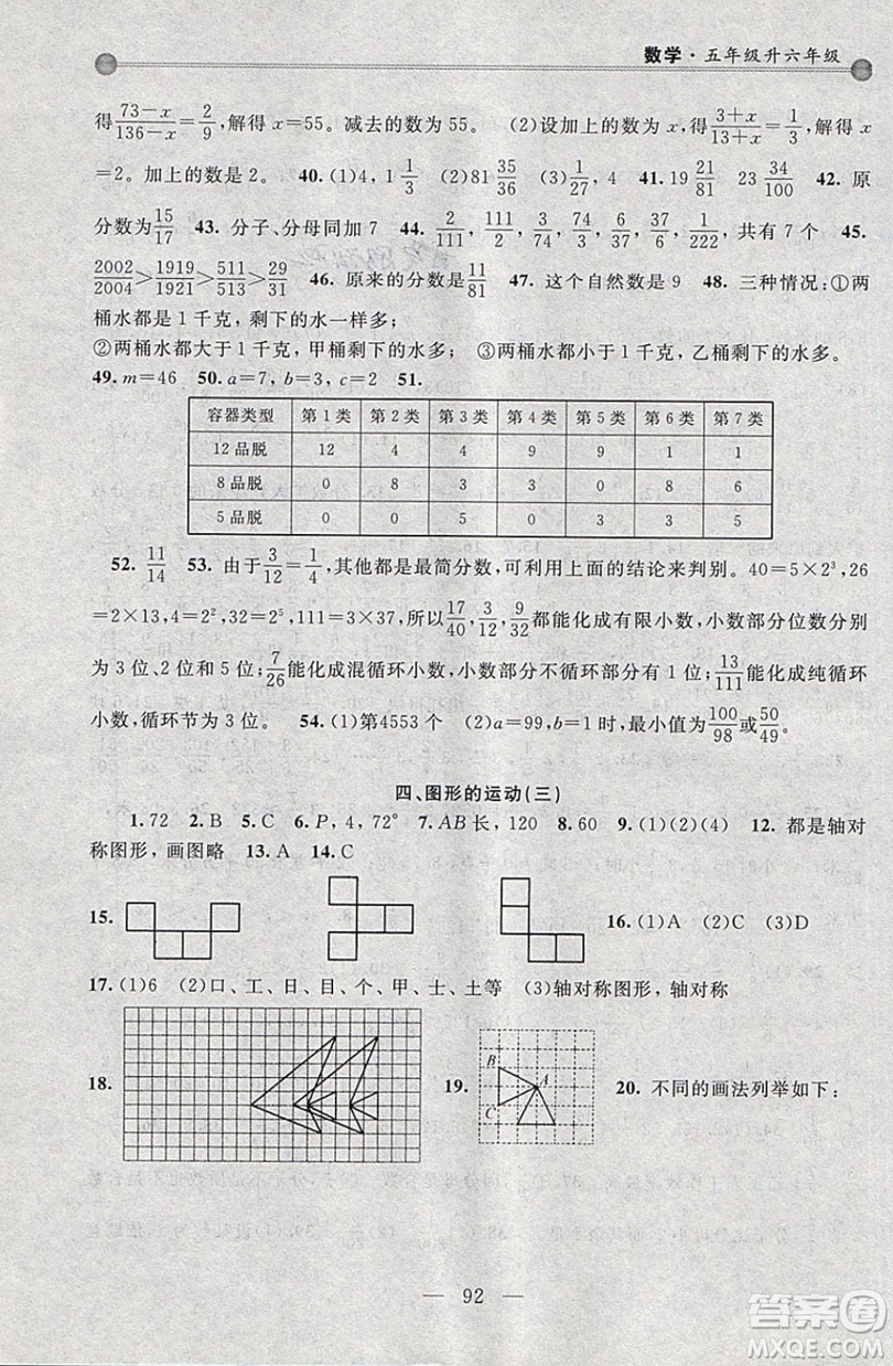 浙江大學(xué)出版社2019浙大優(yōu)學(xué)新編小學(xué)年級(jí)銜接導(dǎo)與練5年級(jí)升6年級(jí)數(shù)學(xué)答案