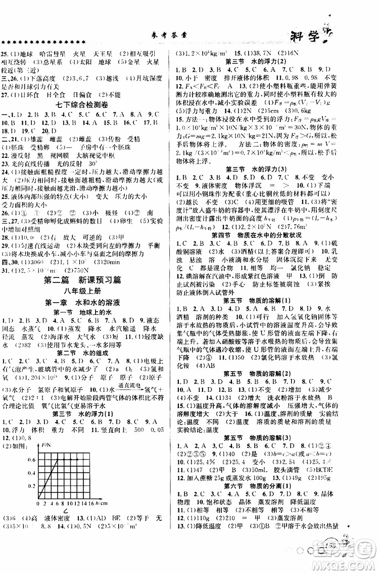 2019版字海文化暑假銜接起跑線初中科學(xué)七升八Z浙教版參考答案