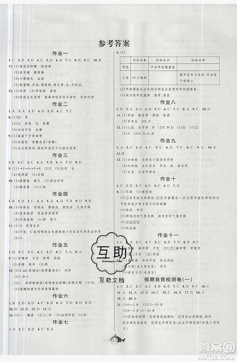 新疆美術(shù)攝影出版社2019績優(yōu)課堂快樂暑假七年級生物人教版答案