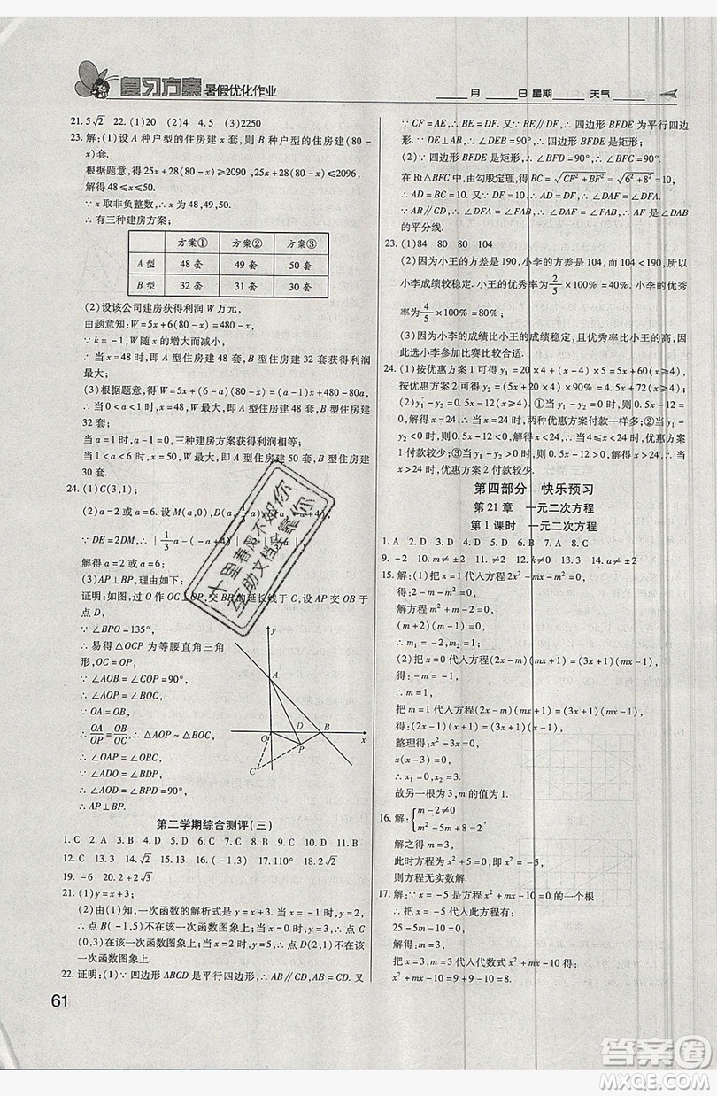 2019鑫成長(zhǎng)樹復(fù)習(xí)方案暑假優(yōu)化作業(yè)八年級(jí)數(shù)學(xué)人教版答案