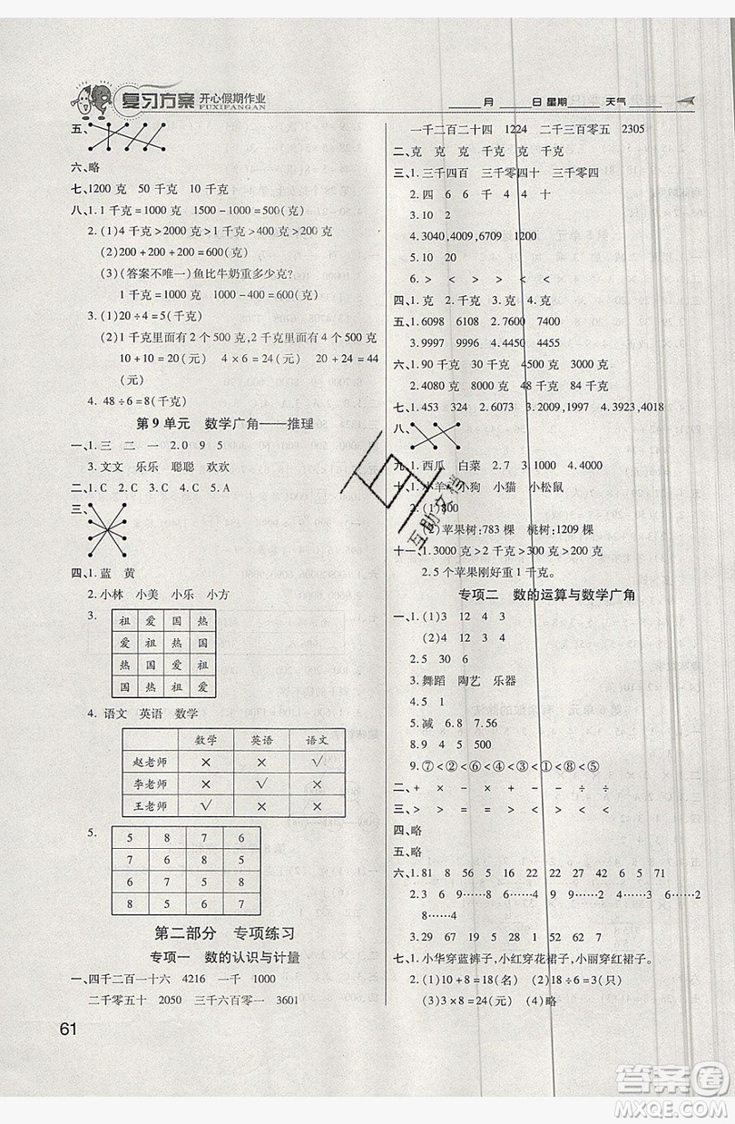 2019鑫成長樹復習方案開心假期作業(yè)二年級數(shù)學人教版答案