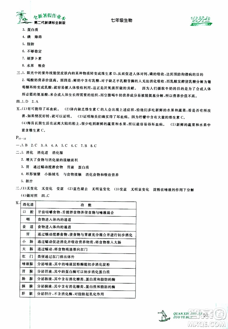 優(yōu)秀生2019年快樂(lè)假期每一天全新暑假作業(yè)本七年級(jí)生物人教版參考答案