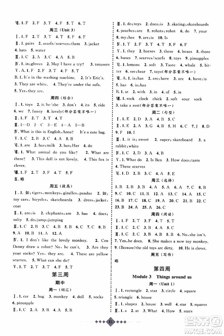 上海小學(xué)暑假作業(yè)2019年贏(yíng)在暑假英語(yǔ)三年級(jí)參考答案