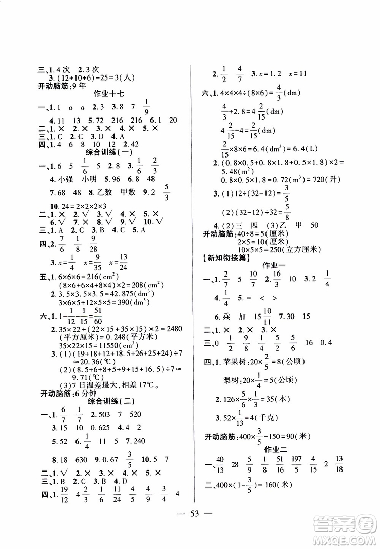 2019年金峰教育開心作業(yè)暑假作業(yè)五年級數學RJ人教版參考答案