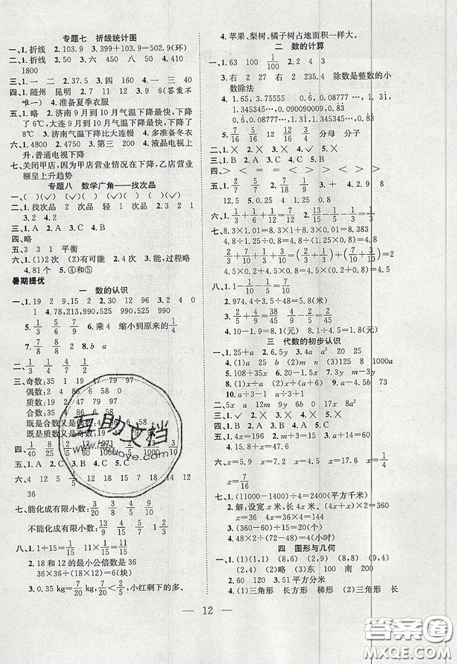 安徽文藝出版社2019假期訓(xùn)練營五年級數(shù)學(xué)人教版答案