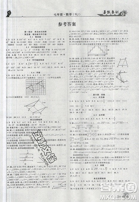 2019年暑假集訓(xùn)七年級數(shù)學(xué)人教版RJ期末復(fù)習(xí)暑假作業(yè)銜接教材答案